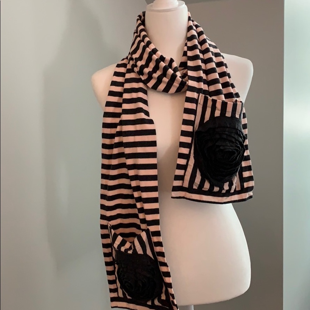 Pink and Grey Striped Scarf with Pocket Rosettes